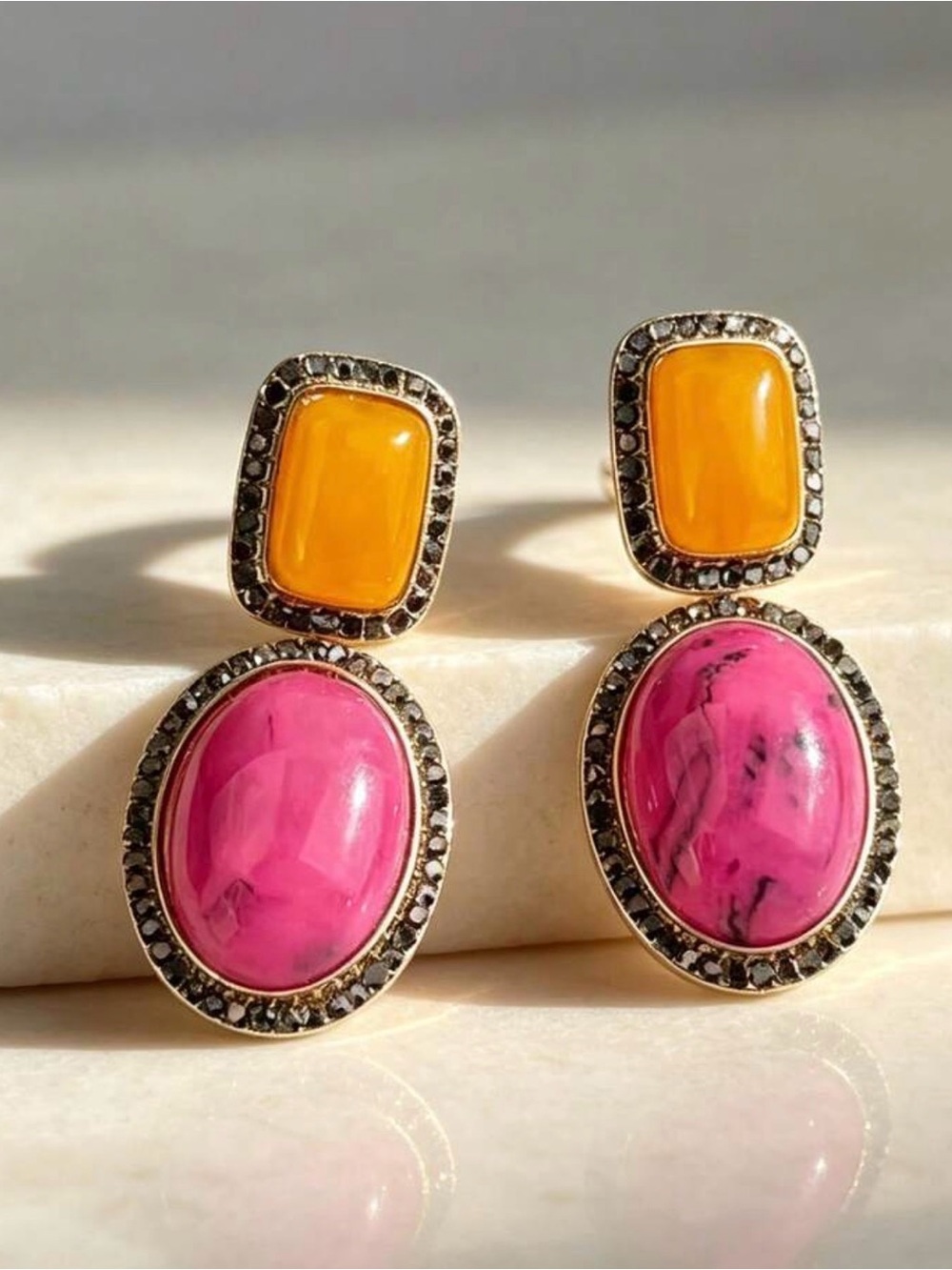 Women’s Pink and Yellow Double-Stone Drop Earrings